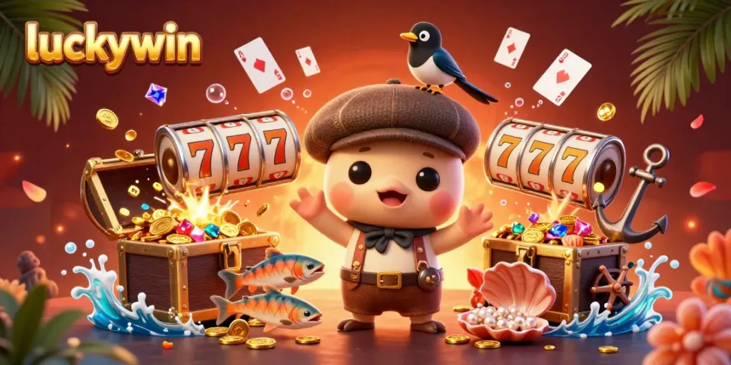 Experience thrilling gameplay at luckywin with vibrant cartoon characters and colorful casino elements.