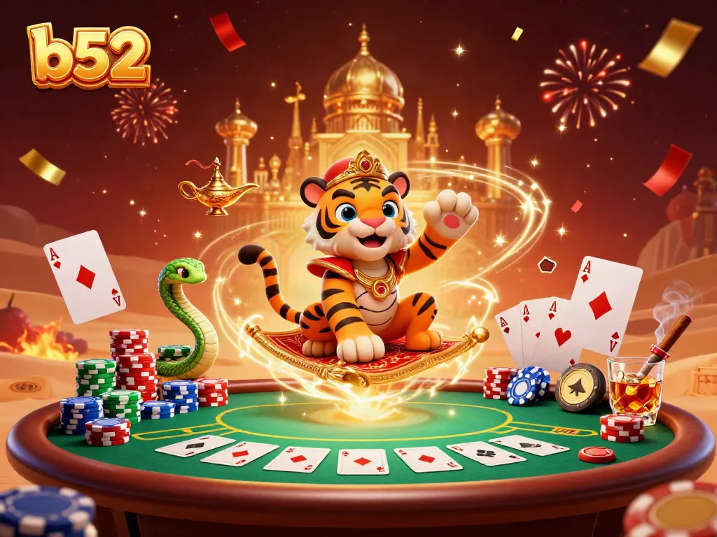 Experience the vibrant energy of b52 casino action with a tiger sultan and poker elements.