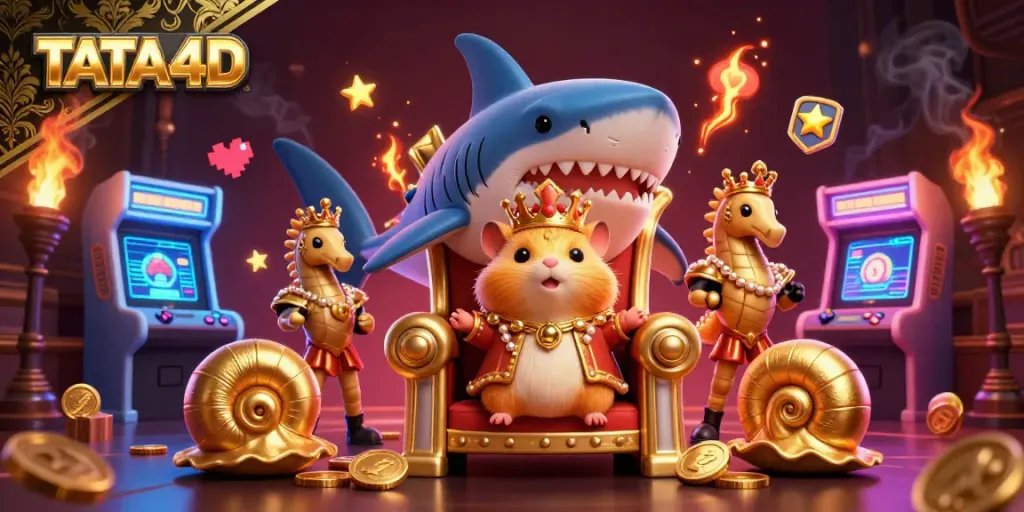 TATA4D captures thrilling gameplay featuring a fierce hamster king on a megalodon throne amid dynamic gaming elements.