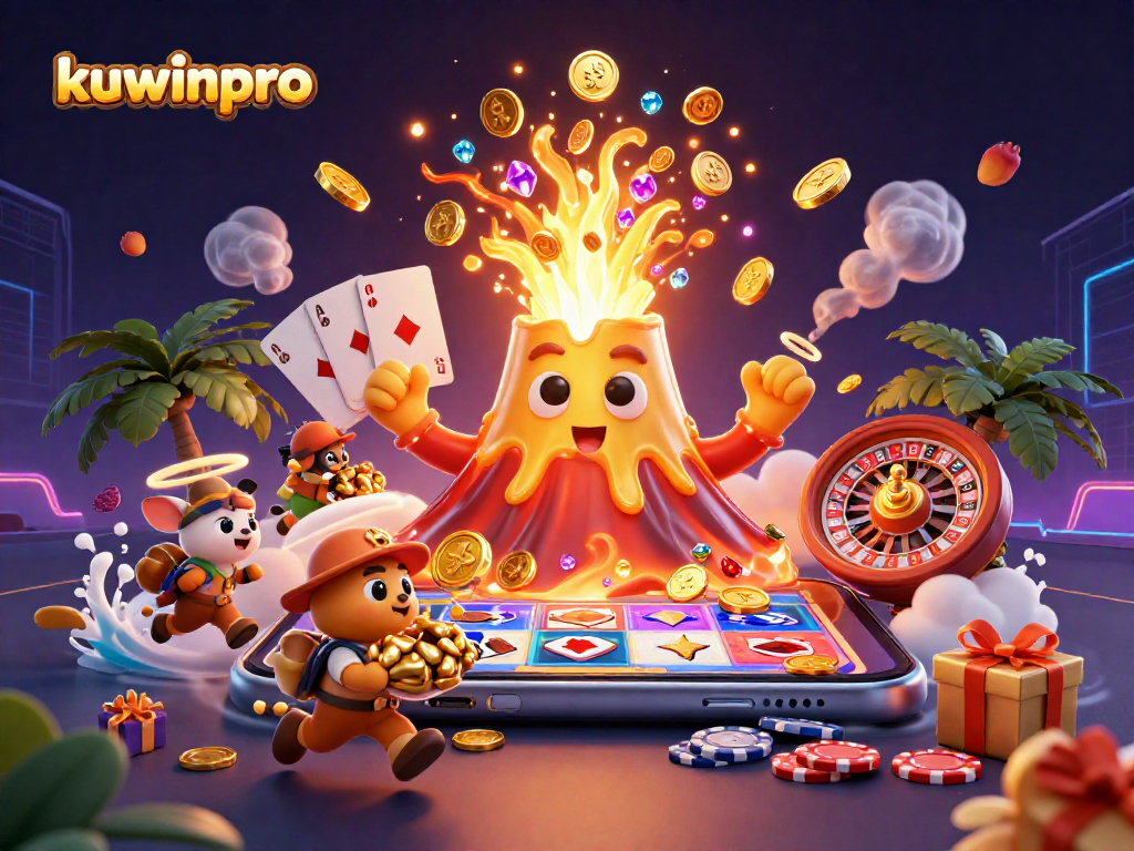 Fleeing tiny animals gather treasure amidst a triumphant volcano in kuwinpro casino theme.