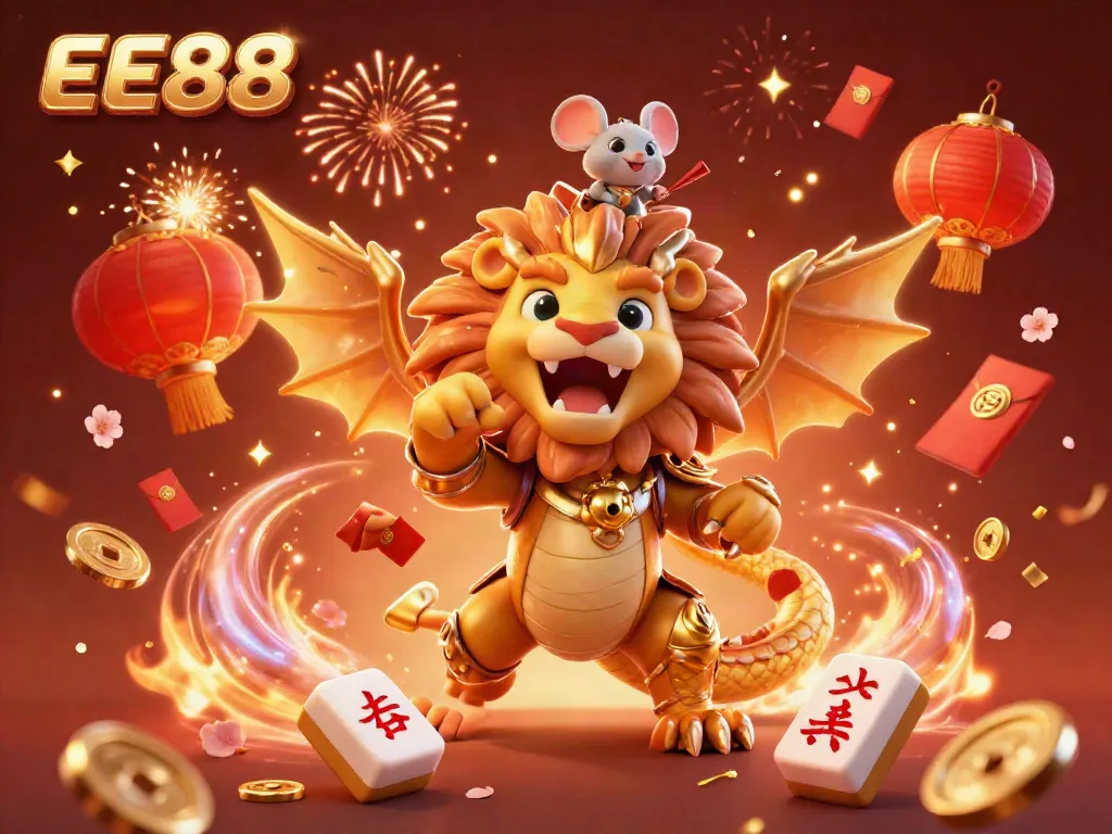 Experience thrills at EE88 with a vibrant 3D chimeric creature amidst a festive casino atmosphere.