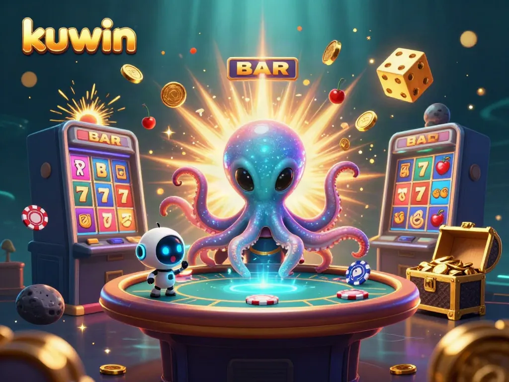 Kuwin themed illustration with a 3D cartoon alien octopus managing a poker table amidst exciting casino elements and jackpots
