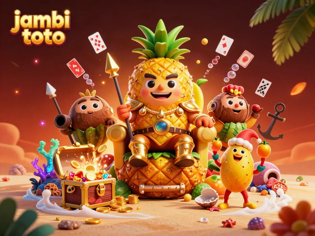Experience the vibrant world of jambi toto with a cartoon king on his fruit throne and dynamic casino elements.