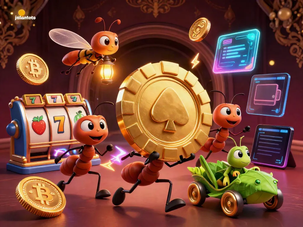 Engage with jalantoto in a thrilling heist scene filled with vibrant slot symbols and cryptocurrencies.