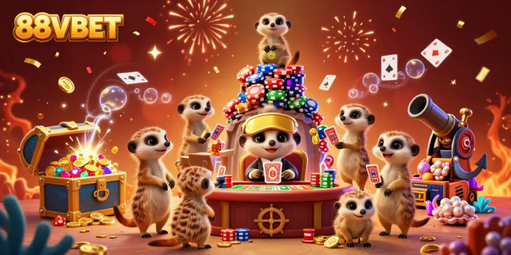 Engaging scene of meerkats operating a vibrant casino, showcasing 88VBET brand elements and gaming action.
