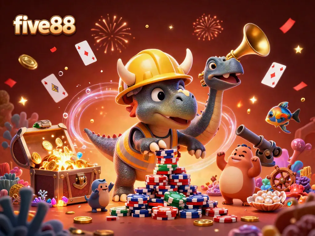 Experience the excitement of five88 with a dynamic casino scene featuring fun characters, celebrating amidst poker chips and treasure.