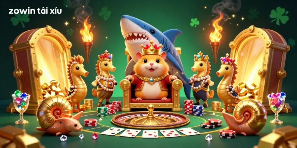 Engage with Zowin tài xỉu gameplay featuring a golden hamster king and dynamic casino elements.