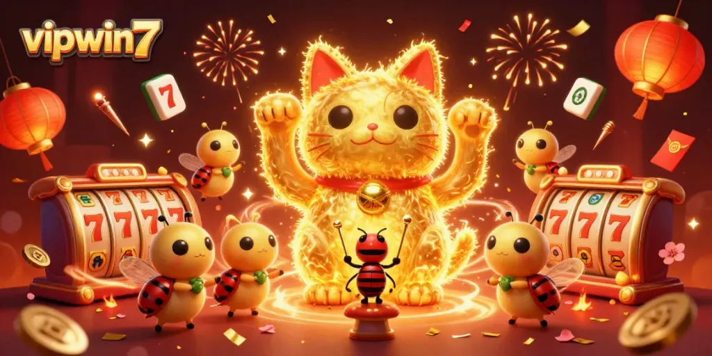 Engage with vipwin7 as a vibrant lucky cat and casino symbols come alive, enhancing your gaming experience.