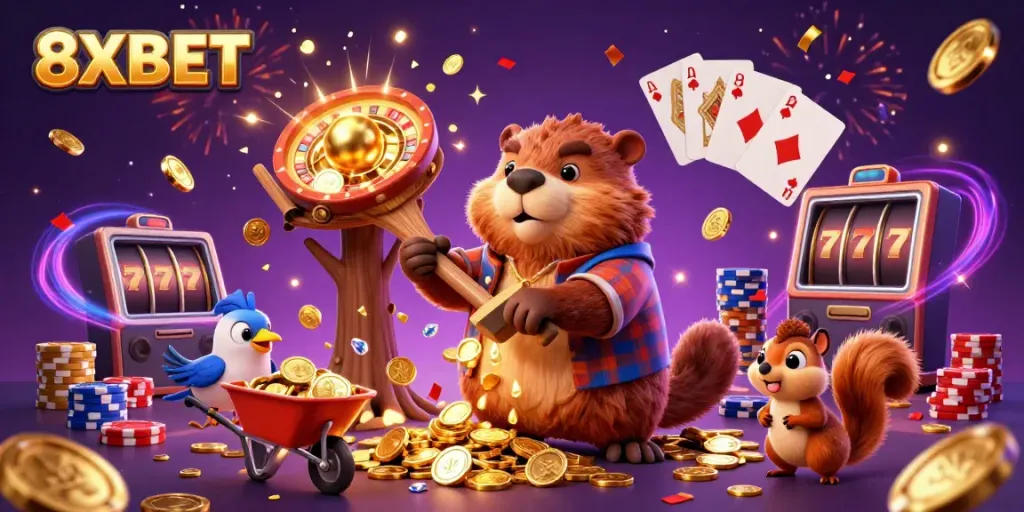 Engaging 3D illustration of 8XBET's cartoon characters celebrating with gold coins, playing cards, and gaming elements.