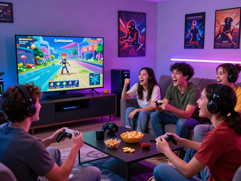 Friends enjoying GARUDA 404 digital games together in a vibrant gaming room.