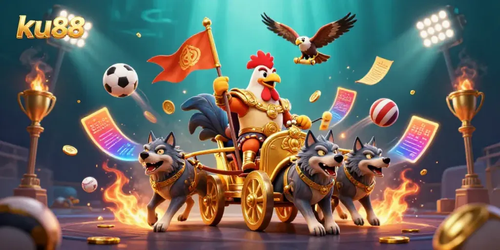 Wager on thrilling ku88 casino action with a rooster warlord driving a golden chariot amidst sports elements.