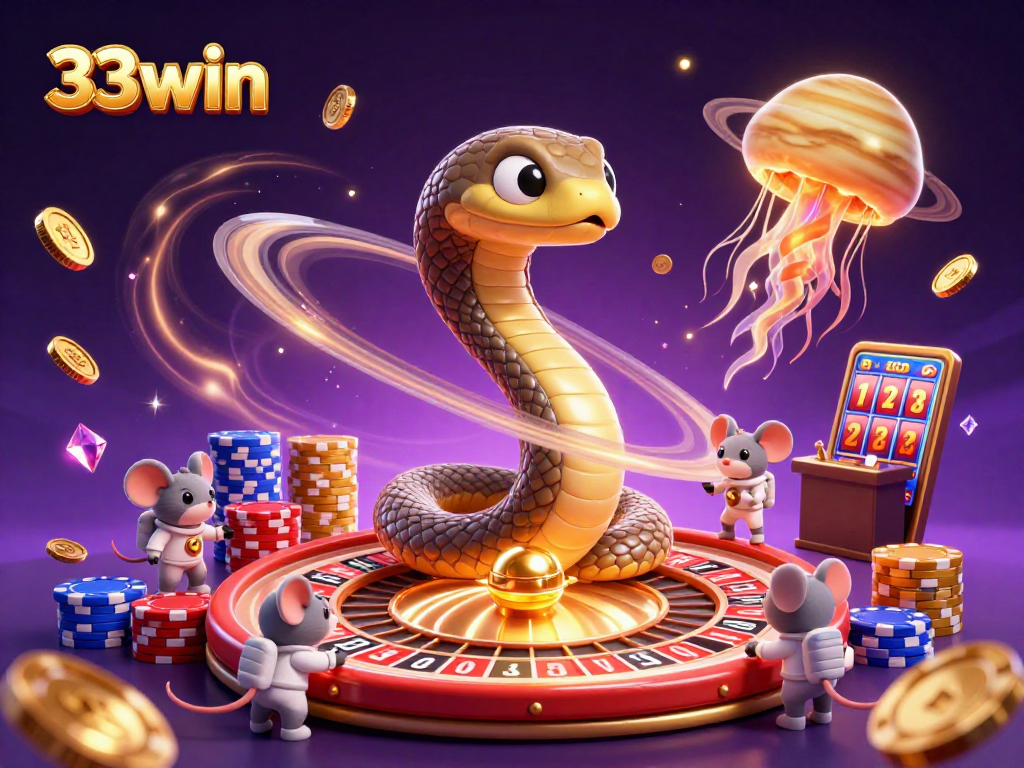 Engage with the thrilling 33win universe, featuring astronaut mice betting on a cosmic roulette with a golden jellyfish dealer.