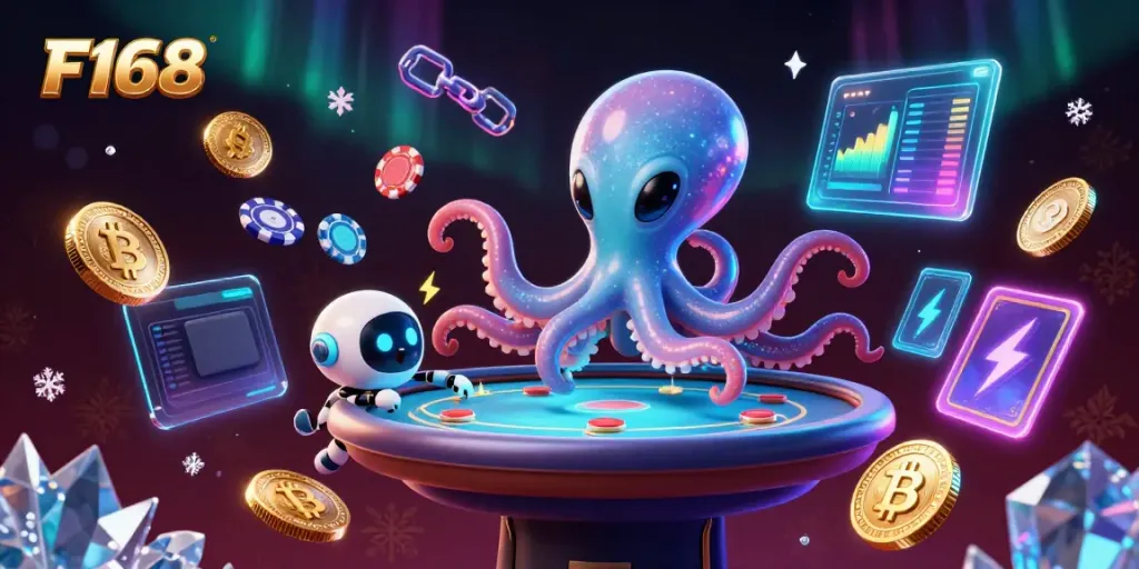 Experience the thrills of F168 with a vibrant alien-themed poker scene featuring unique characters and crypto elements.