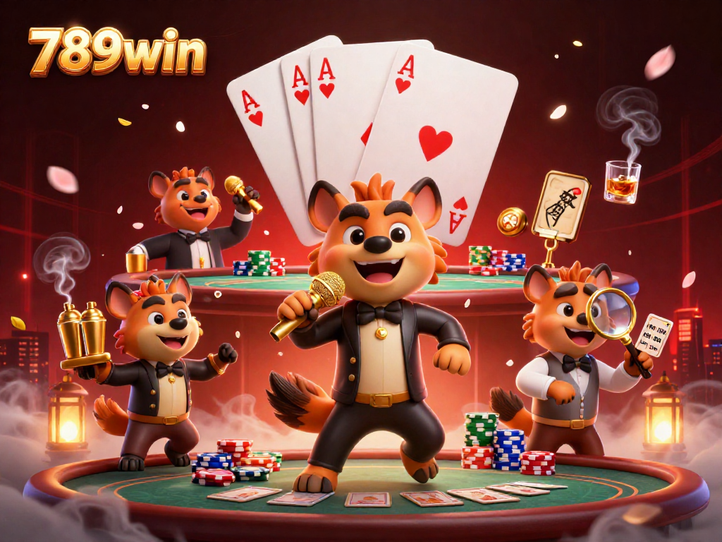 Experience the thrills of 789win with cartoon hyenas in a busy live casino setting.