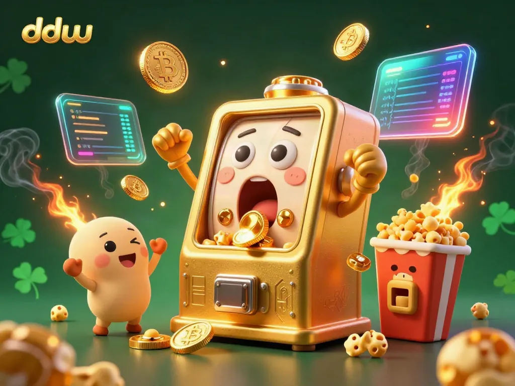 Experience the excitement at dduu with a golden slot machine celebrating its jackpot amidst a lively casino scene.