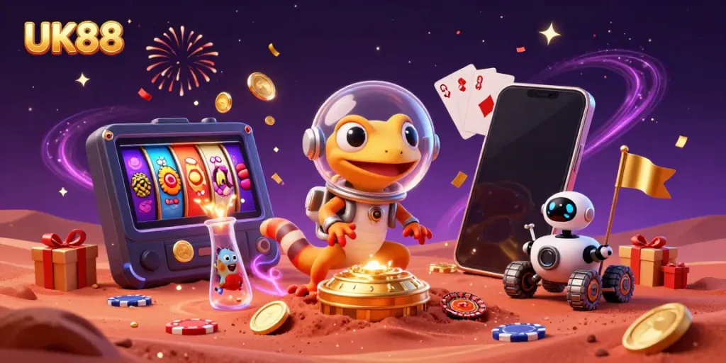 Engage with the UK's vibrant online gaming scene at UK88, exploring a golden casino on Mars.
