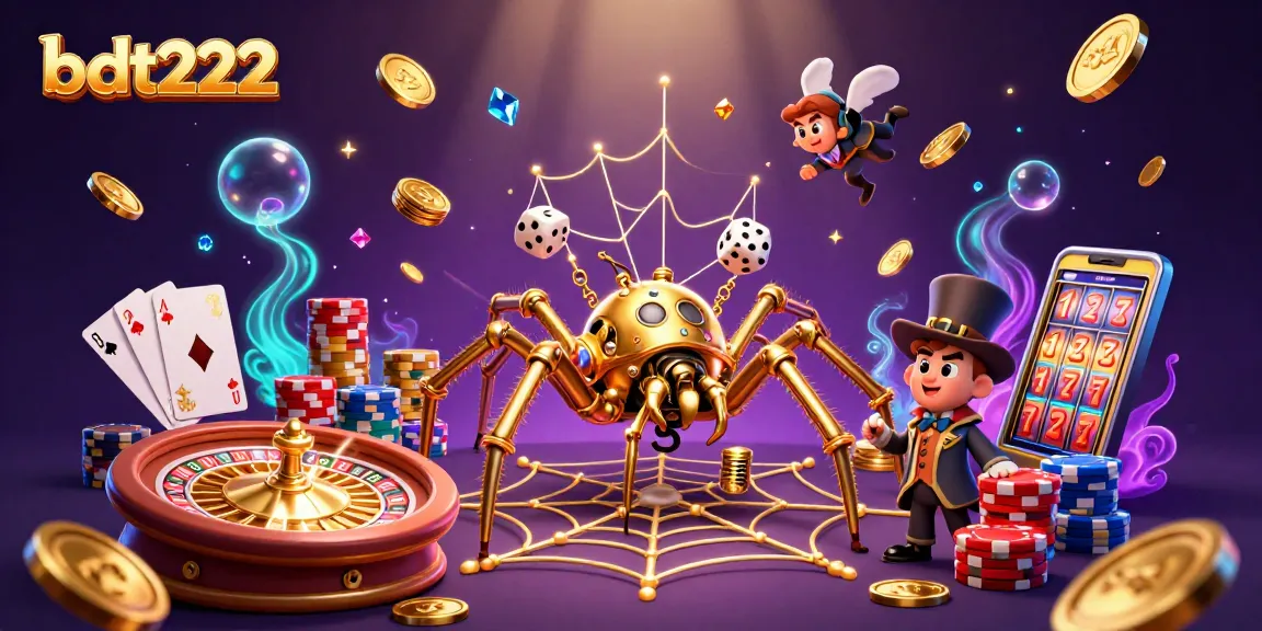 Experience thrilling gameplay at bdt222 with golden spider capturing dice in a vibrant casino illustration
