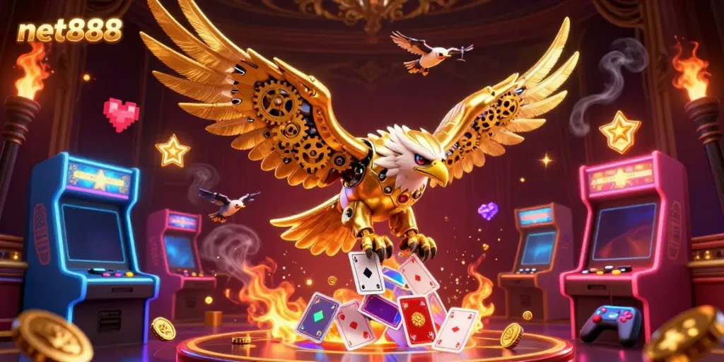 Experience high-stakes betting excitement with net888 as a golden eagle dives through holographic cards.