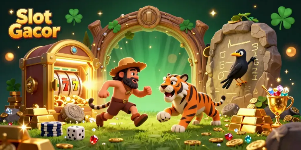 Experience thrilling slot action at Slot Gacor, featuring a vibrant prehistoric casino scene.