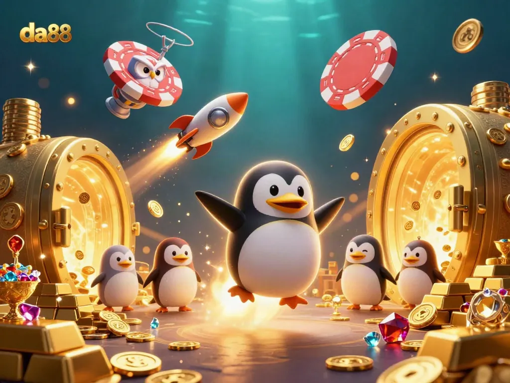 Experience the excitement of da88 with a rocket-powered penguin and golden casino treasures illustrated in vivid 3D.