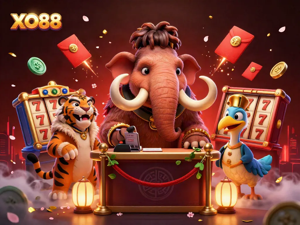 Experience the excitement of XO88 with a vibrant 3D casino scene featuring unique characters and dynamic game elements.