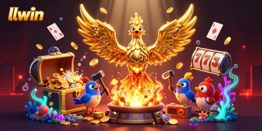 Experience the thrilling world of llwin with a golden phoenix and explosive riches in a vibrant casino scene.