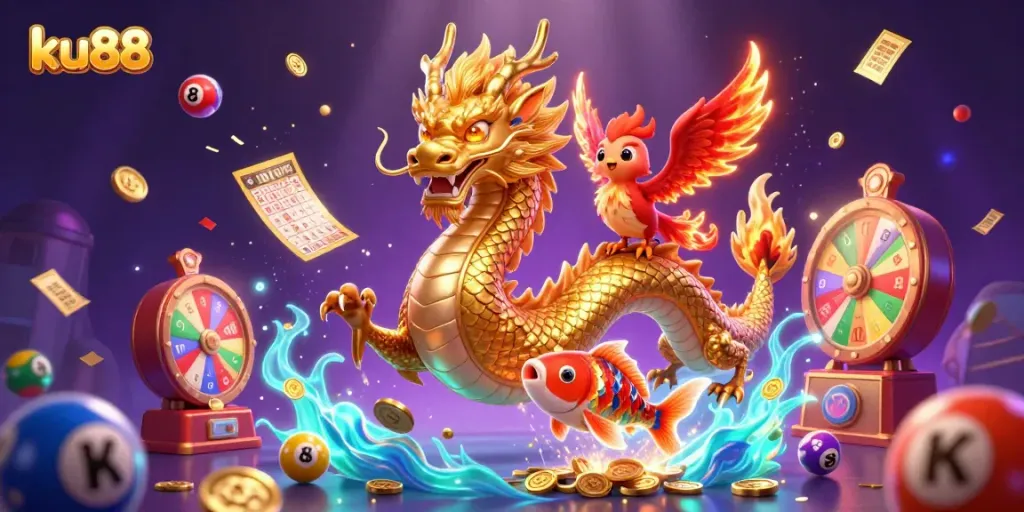 Wager with ku88 as the golden dragon, phoenix, and koi fish celebrate a jackpot scene filled with action.