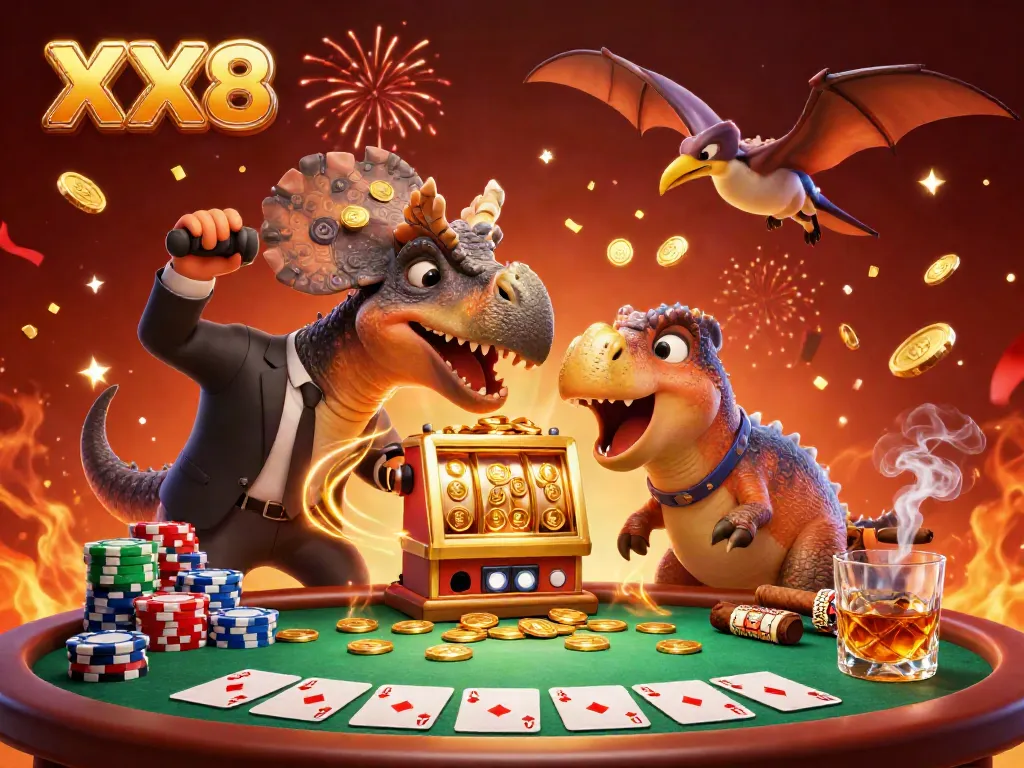 Experience the XX8 casino excitement as a dinosaur hits a jackpot, surrounded by vibrant poker elements.