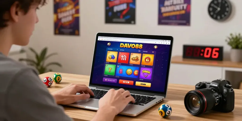 Davo88 online gaming experience with a player engaging in a togel game in a vibrant home setting.
