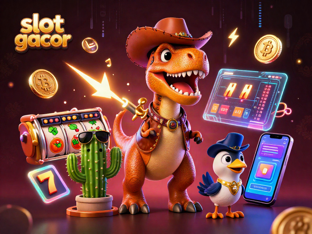 Join the slot gacor experience with dynamic characters and vibrant gaming elements in this vivid 3D illustration.
