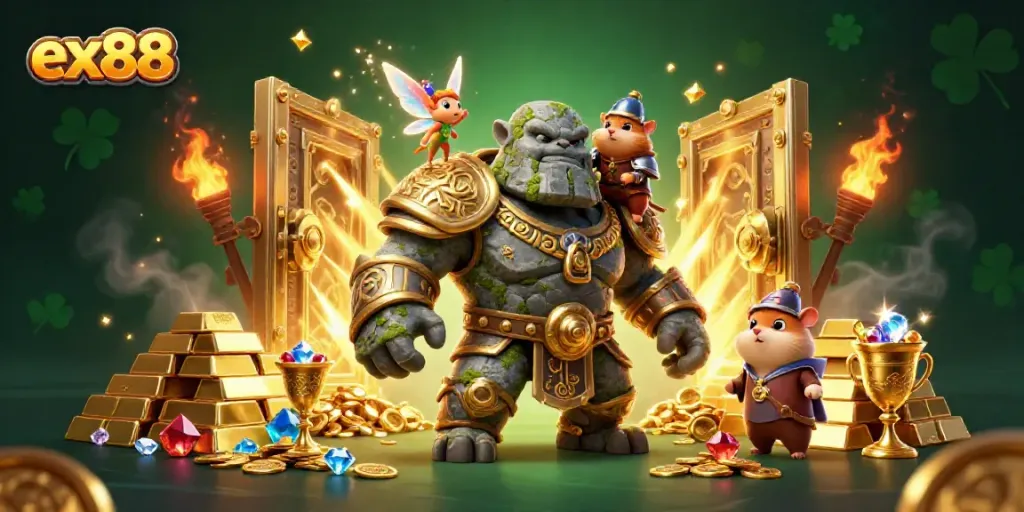 Engaging scene showcasing ex88 casino elements with a golem guardian, fairy, and hamster knight amidst treasures and jewels.