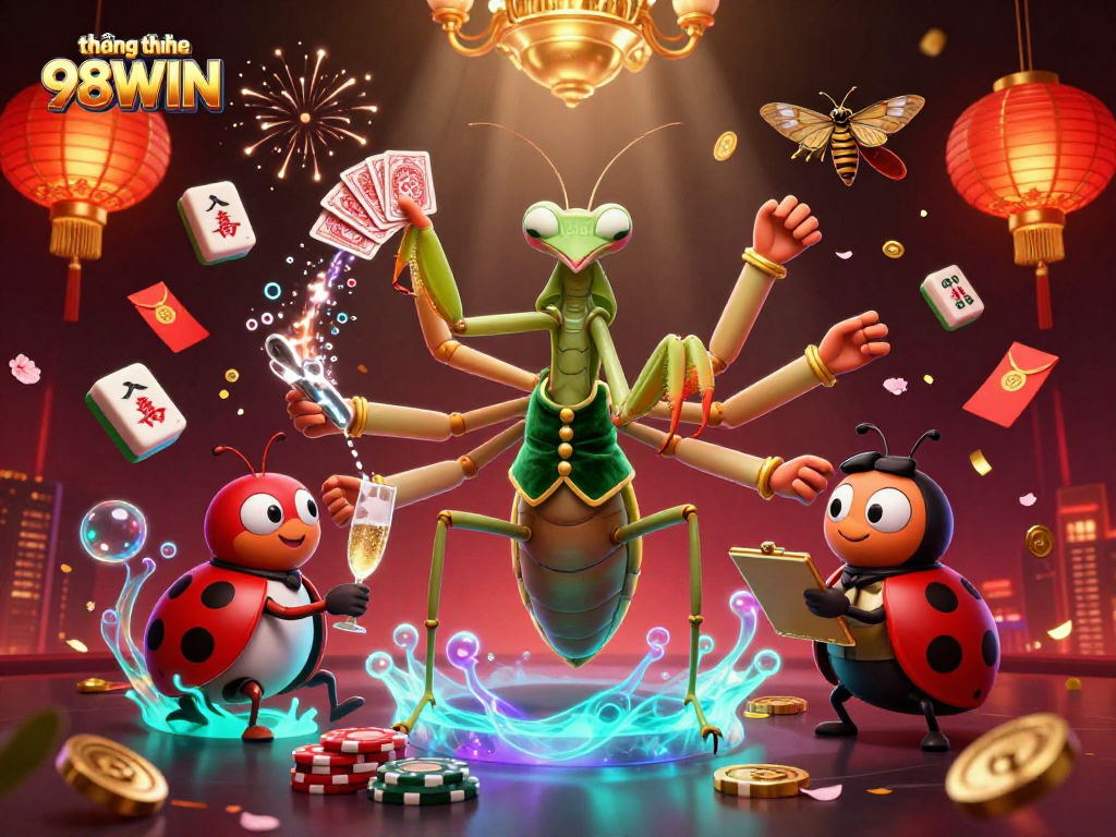 Experience the excitement of thương hiệu 98WIN with a vibrant online casino scene involving card games, gold treasures, and colorful characters.