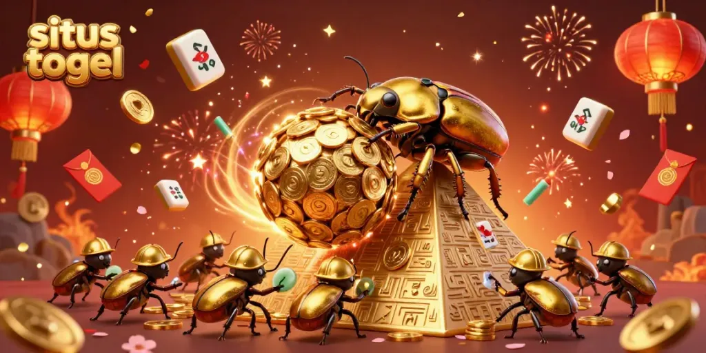 Engage with situs togel through an enchanting 3D casino scene showcasing golden beetles, coins, and festive elements.