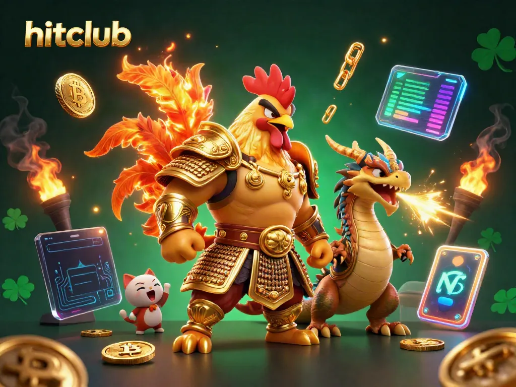 Engage with hitclub's vibrant illustration featuring a fighting rooster and dragon hatchling in a golden casino world.