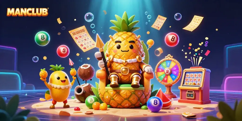 Join the MANCLUB with an exciting scene of a pineapple king and vibrant casino elements.