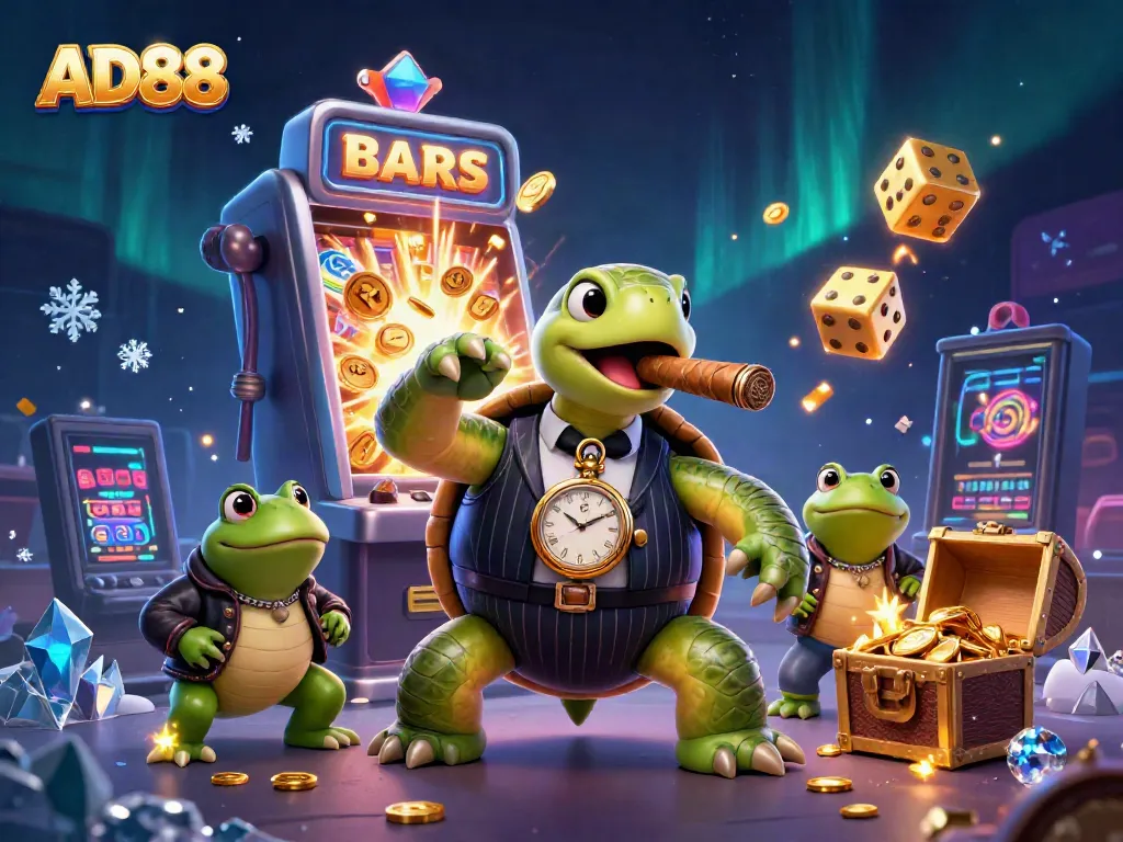 AD88 showcases a vibrant casino scene with a stylish snapping turtle and bullfrogs, celebrating wins.