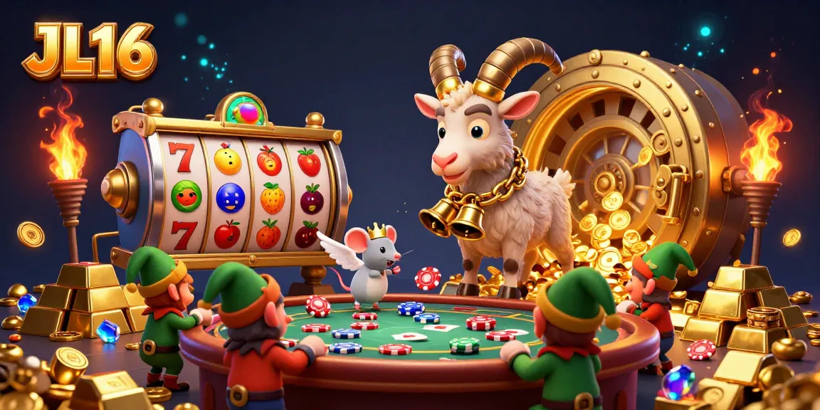 JL16 offers a festive 3D casino scene filled with slot games and lively characters.