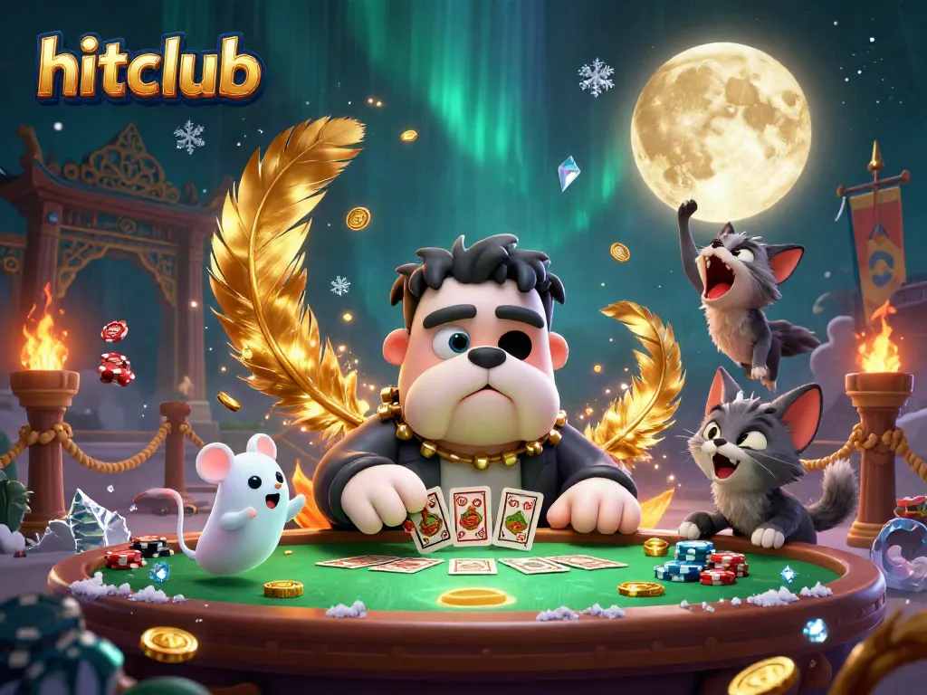 Hitclub gaming scene featuring a vibrant cartoon bulldog dealer and mystical elements for an engaging casino experience.