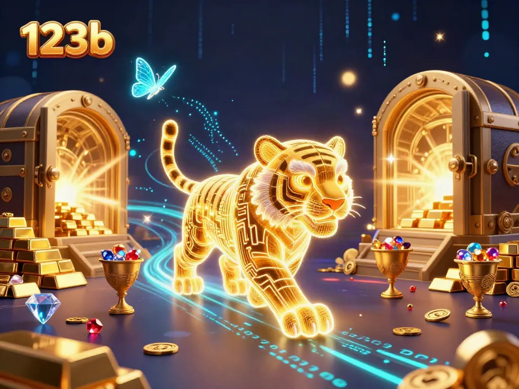 Experience the excitement of online gaming with 123b, featuring a golden tiger and dazzling treasures in a vibrant casino.