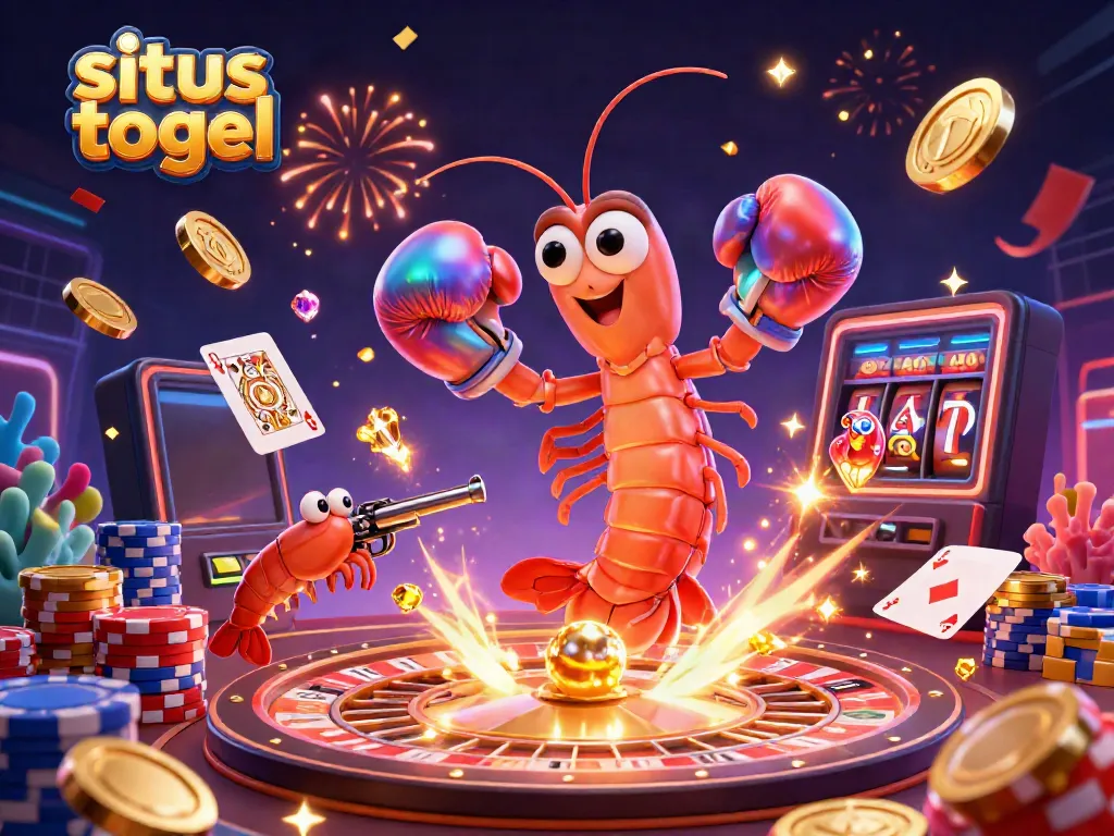Situs togel showcases a vibrant 3D illustration featuring a boxing mantis shrimp and gaming elements in a casino scene.