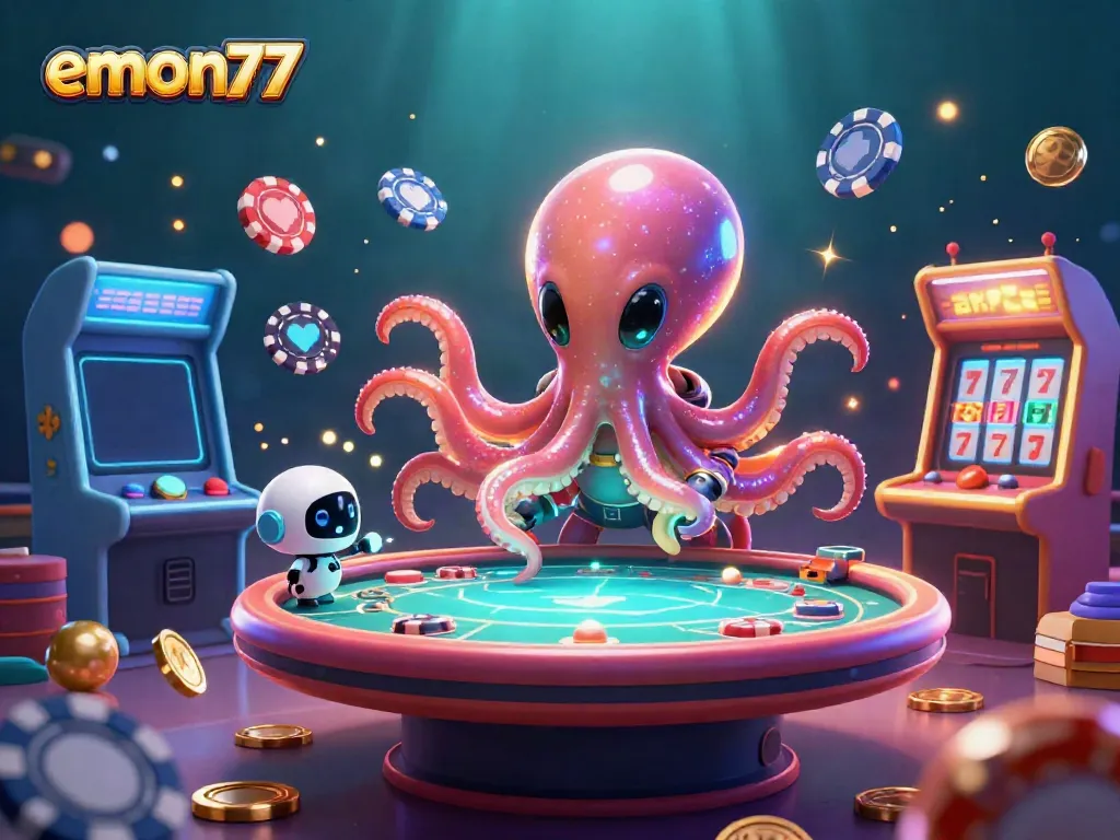 Experience emon77's vibrant casino excitement with an alien octopus and a tiny robot at a holographic poker table.