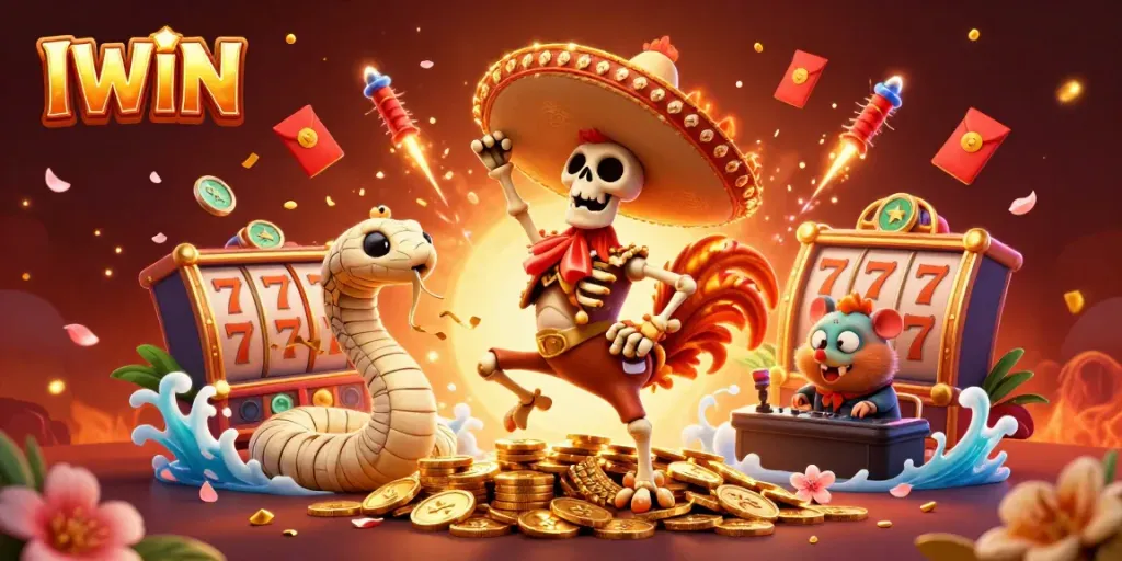 IWIN celebrates with animated casino elements, featuring a dancing rooster, a mummy snake, and a DJ hamster on golden coins.