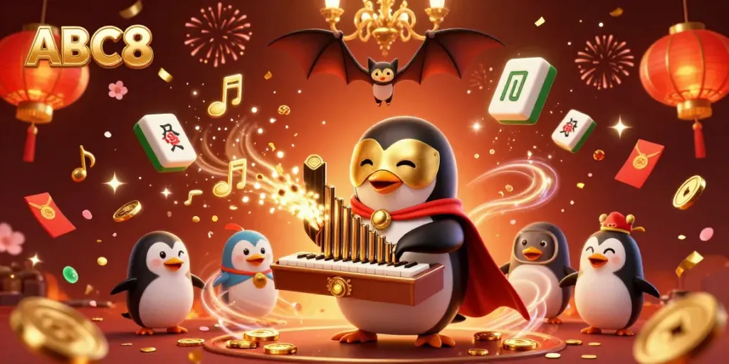 Experience the exciting world of ABC8 with a vibrant 3D casino scene featuring a penguin playing a golden pipe organ.