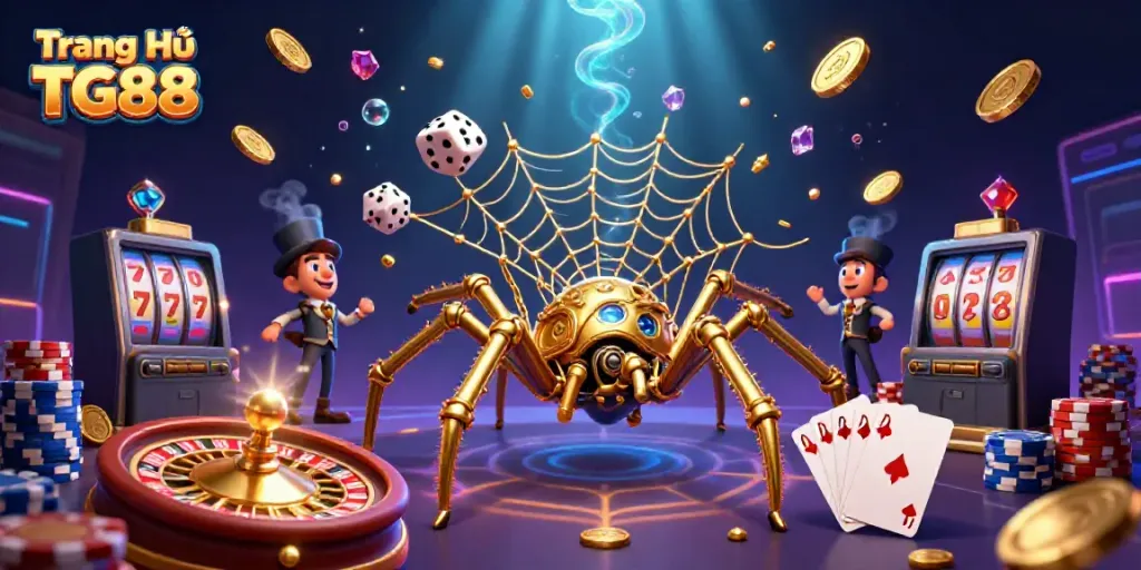 Engage with the dynamic atmosphere of Trang Chủ TG88 featuring a whimsical steampunk spider and poker elements.