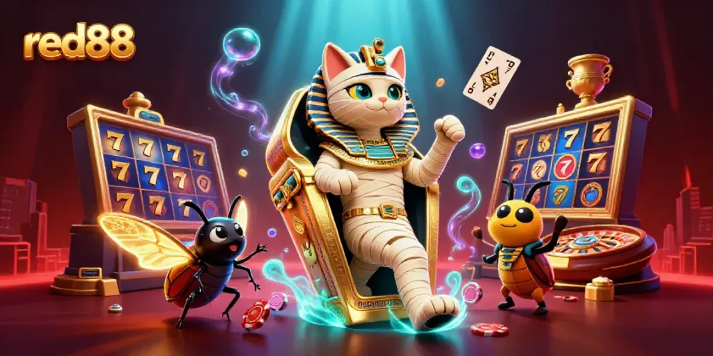 Experience immersive fun at red88 casino with an Egyptian mummy cat and dynamic gaming elements.