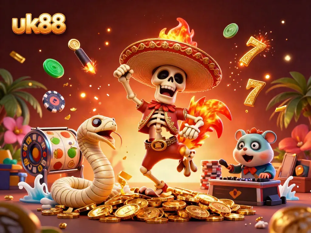 Experience thrilling gameplay with uk88 as a vibrant skeleton mariachi rooster celebrates amidst golden coins and casino elements.