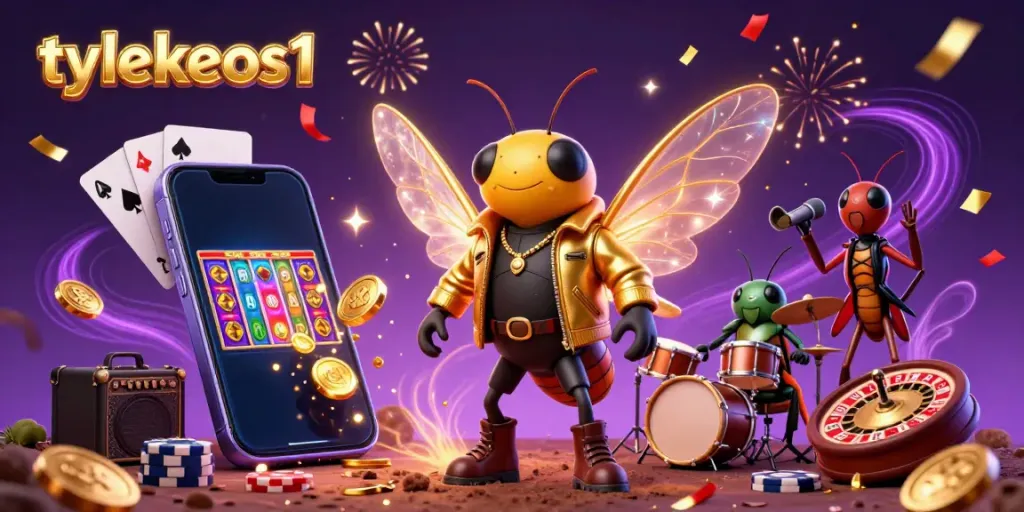 Experience thrilling gaming excitement with tylekeos1's vibrant 3D casino illustration featuring a cicada rock star.