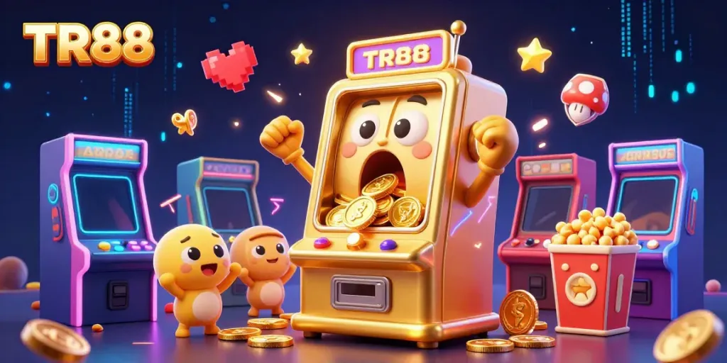 A lively illustration of a golden TR88 slot machine hitting a jackpot, surrounded by cheering mini slot machines and vibrant game elements, showcasing the excitement of casino gaming.