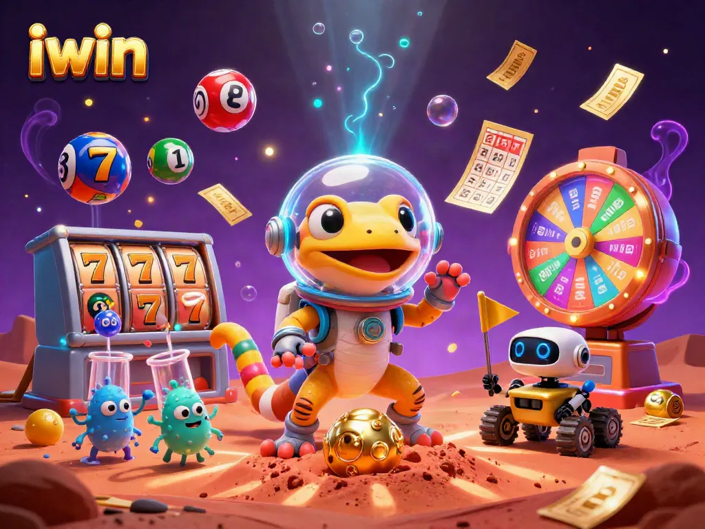 Experience the iwin casino adventure with a Martian gecko and vibrant gaming elements in action.
