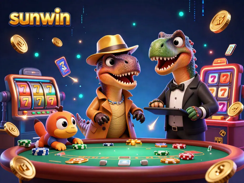 Experience thrilling gameplay at sunwin with our vibrant casino scene featuring a clever velociraptor at the blackjack table.